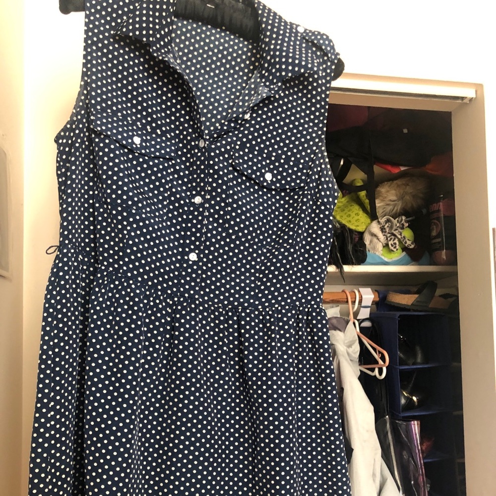 Blue and white polka dot collared dress